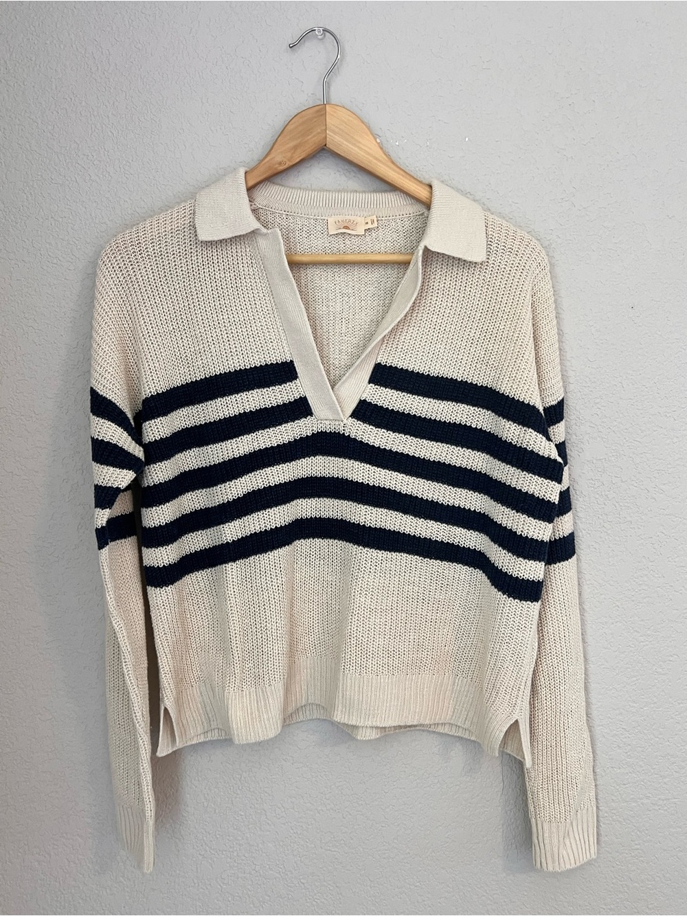 Faherty Cream & Navy Striped Collared V-Neck Sweater